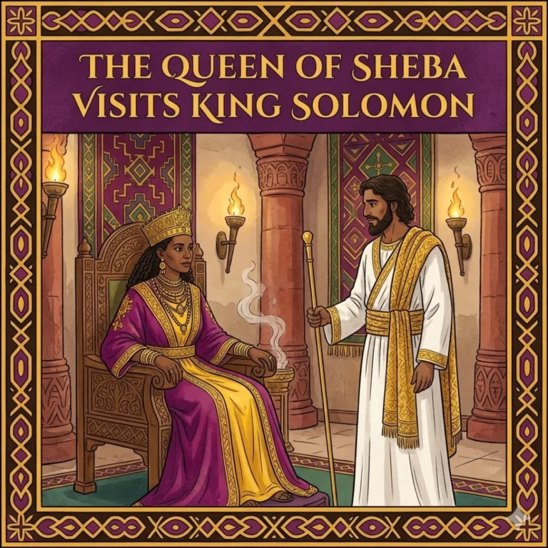 The Queen of Sheba's Wisdom Test — Ethiopian Biblical story illustration for kids