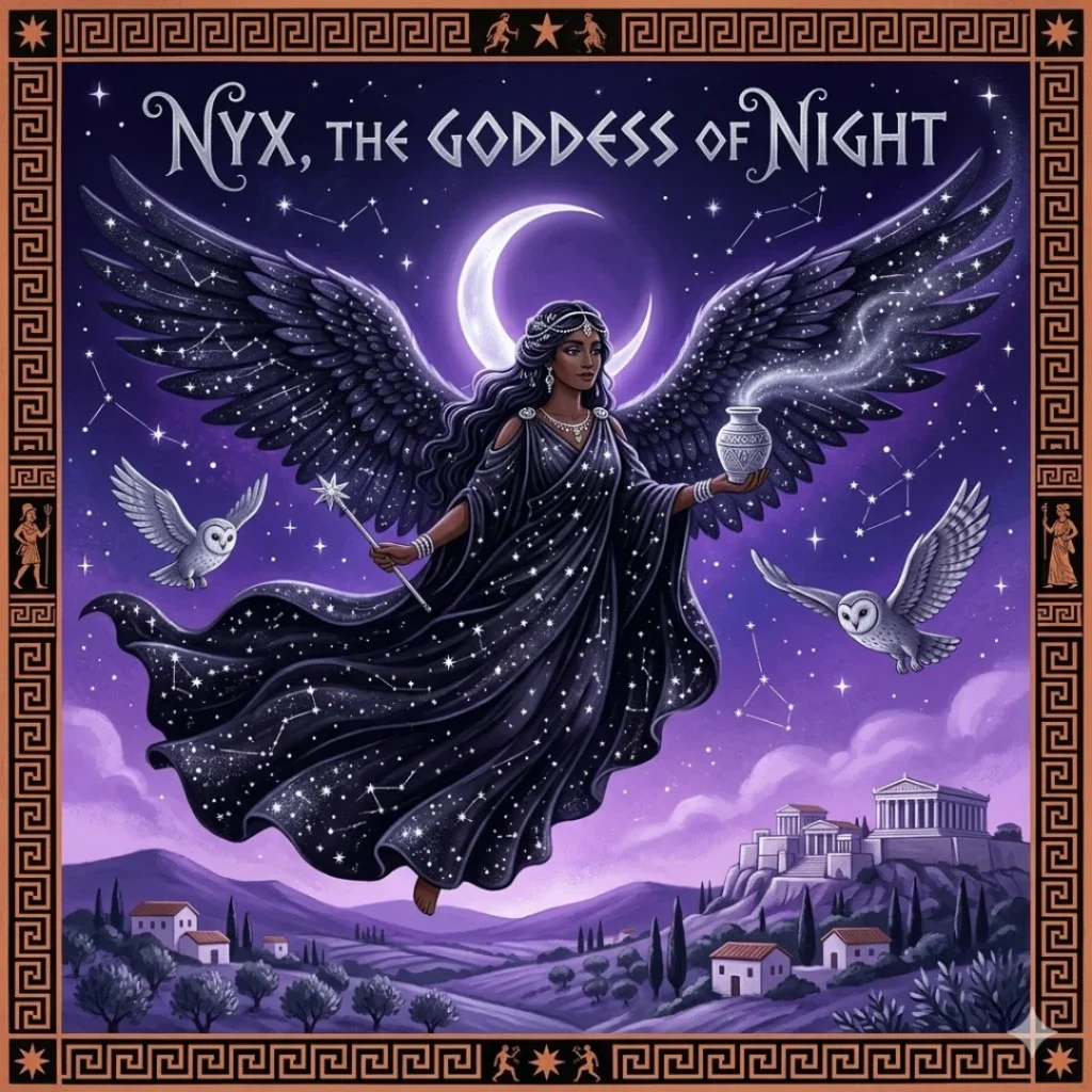 NYX — Greek goddess of night, primordial deity illustration for children