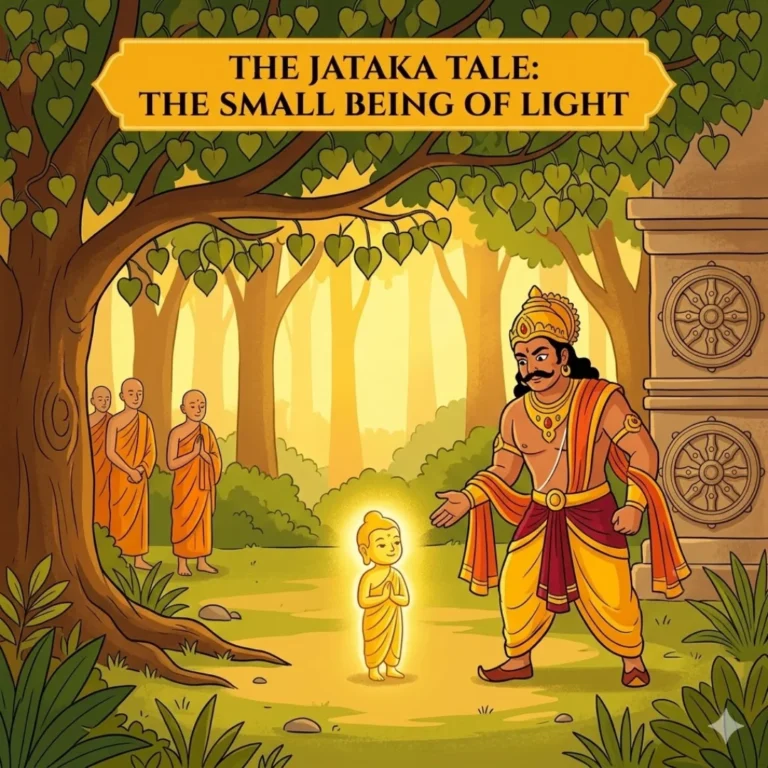 The Mighty Spirit's Tiny Triumph — Jataka Buddhist tale illustration for children