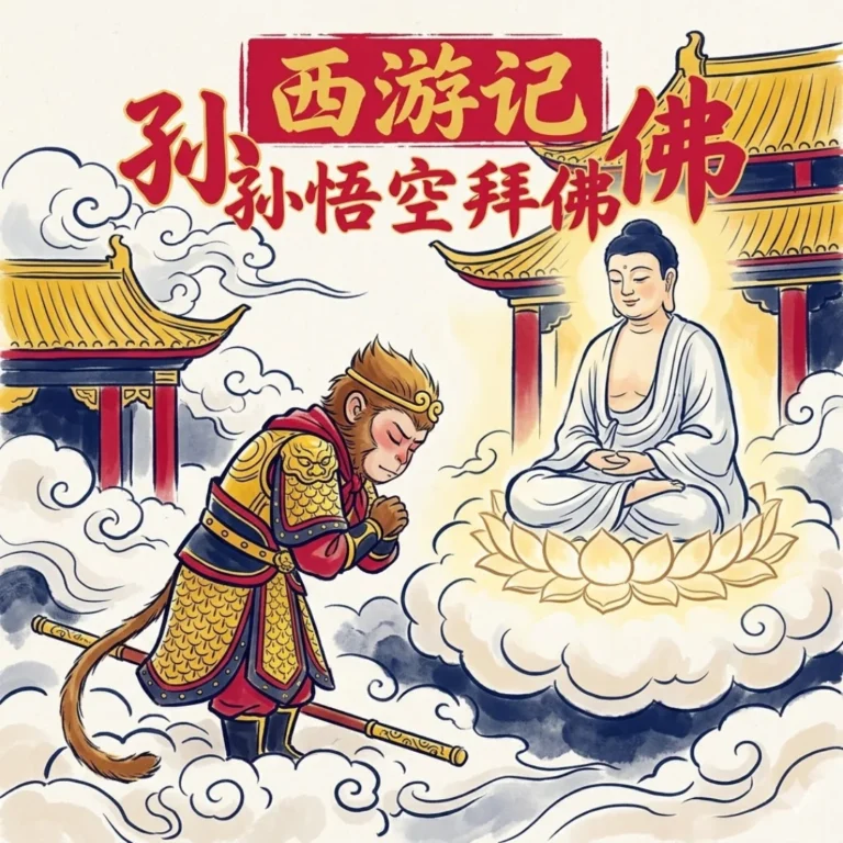 The Monkey King Learns Humility — Chinese Sun Wukong story illustration for kids
